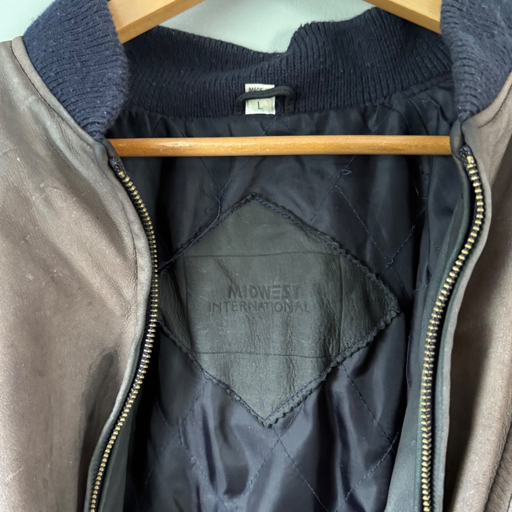 Vintage Midwest International Faded Leather Bomber Jacket Size L - Picture 3 of 8